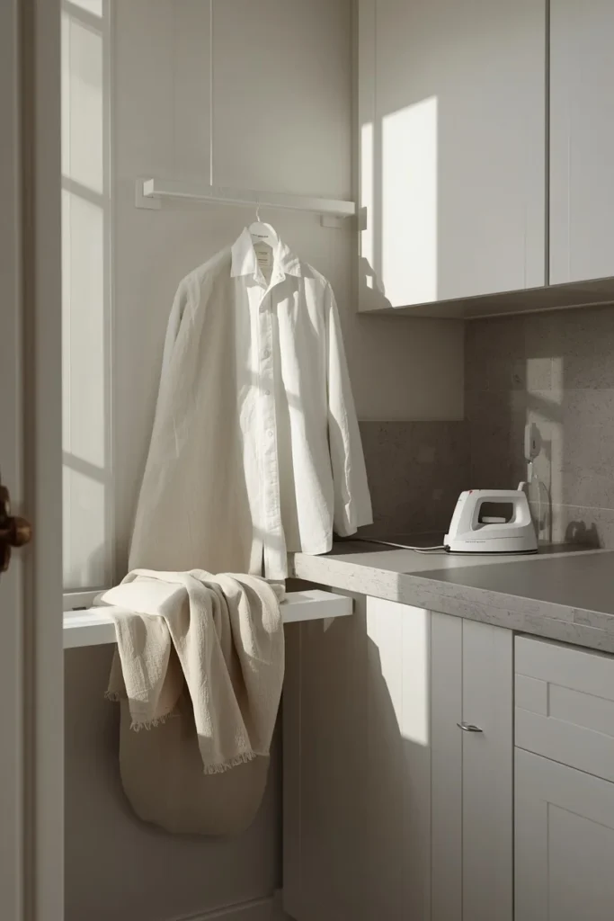 21 Small Laundry Room Ideas That Pack Function & Style Into Every Inch 11 small laundry room, featuring a fold-down wall-mounted ironing board