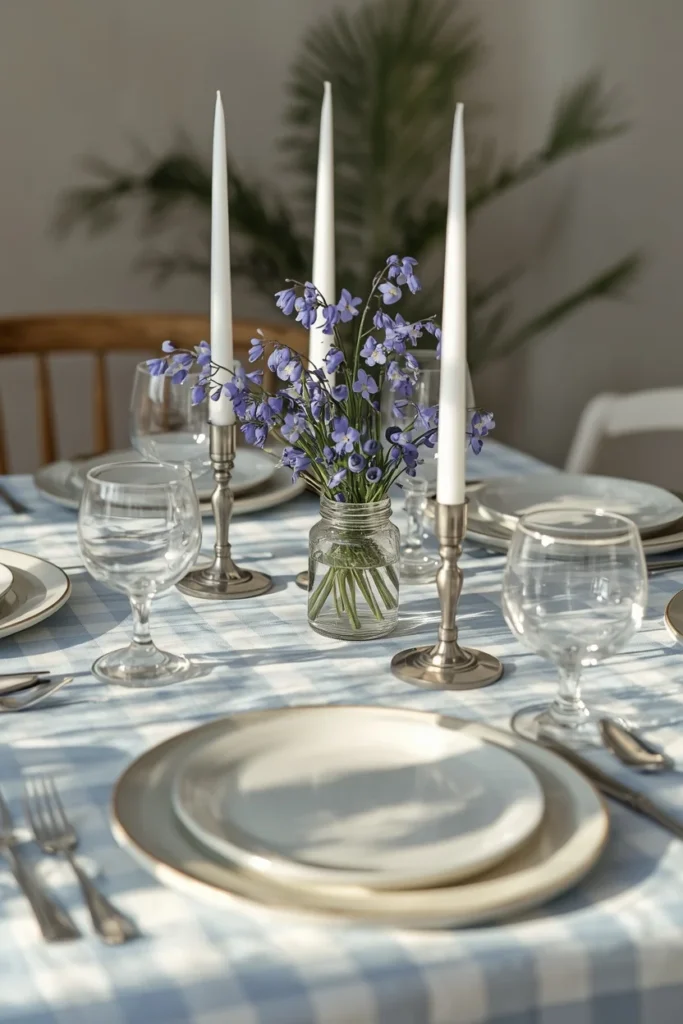 16 Spring Tablescape Ideas That Make Every Meal Feel Like a Garden Party 11 spring table featuring a soft blue gingham tablecloth