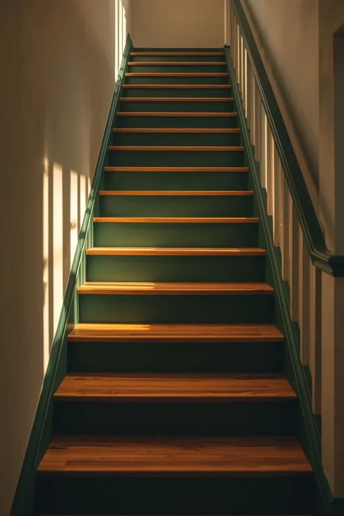 staircase, featuring a bold geometric patterned stair runner