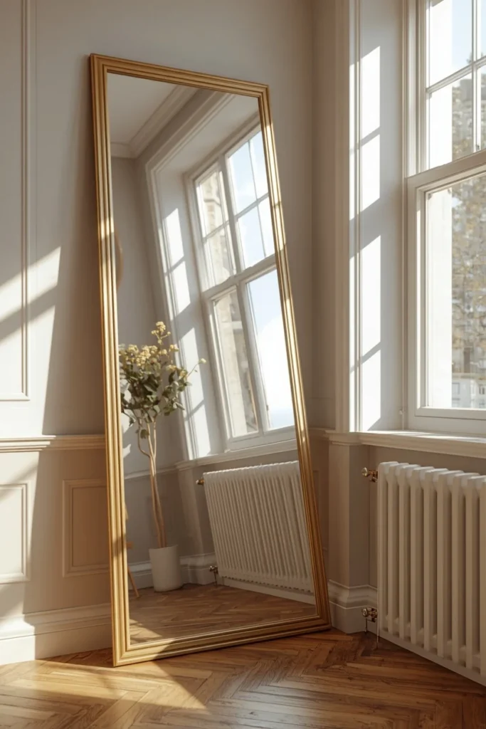 studio apartment, featuring a large brass-framed floor mirror