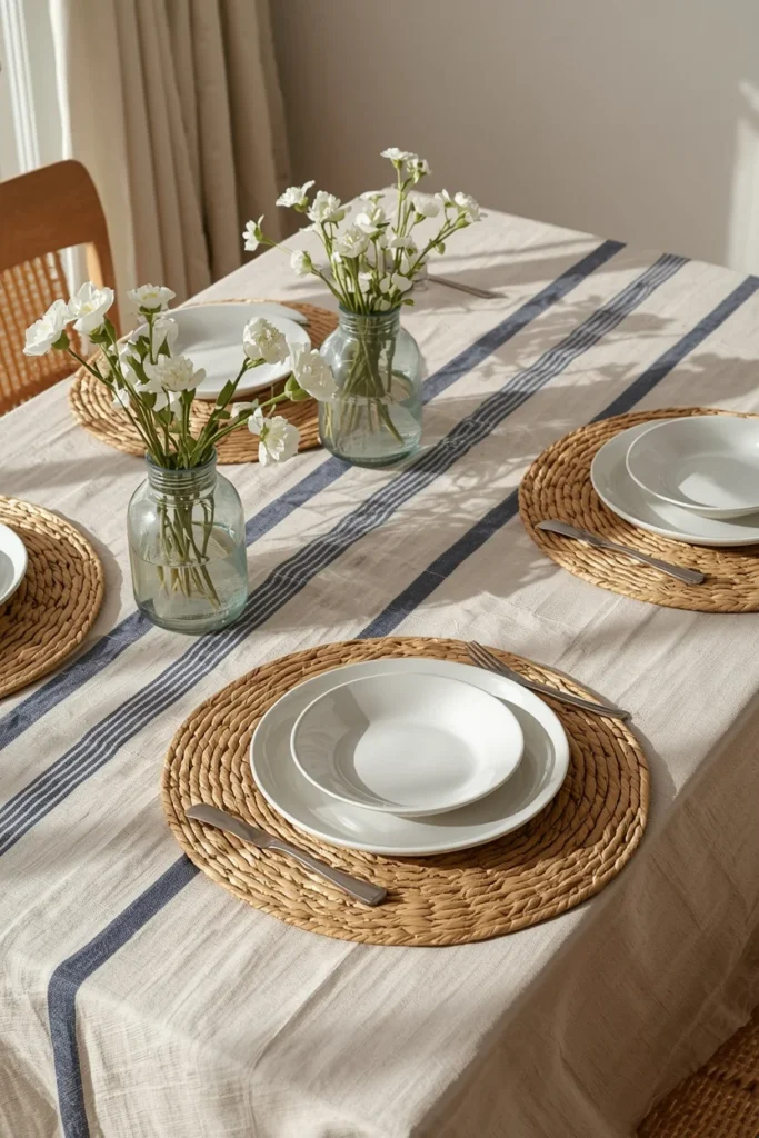  dining table wide shot, featuring a navy-and-white striped linen tablecloth