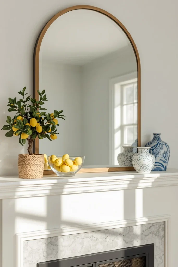 fireplace mantel, featuring a small faux lemon tree