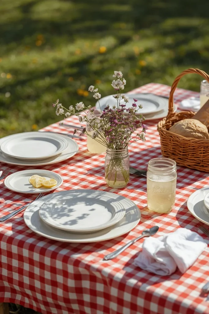  outdoor picnic table featuring a red and white gingham tablecloth