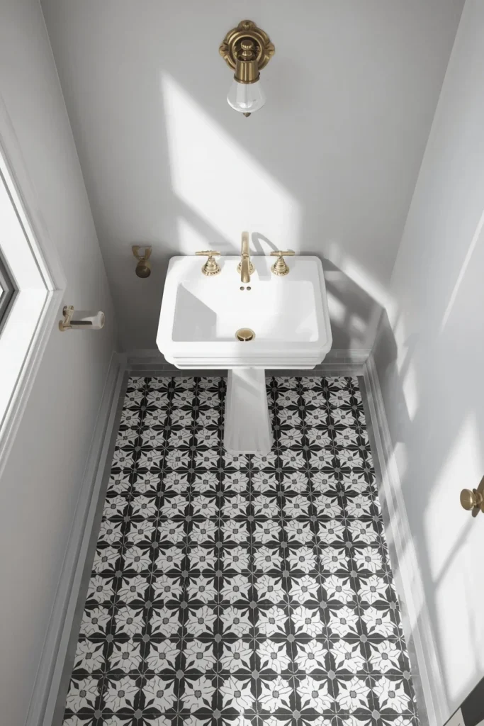 small powder room, featuring black and white patterned cement floor tile