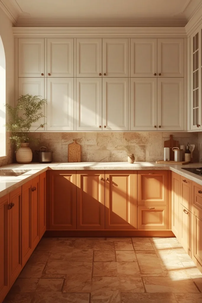 Mediterranean-inspired kitchen, featuring warm white upper cabinets and terracotta lower cabinets