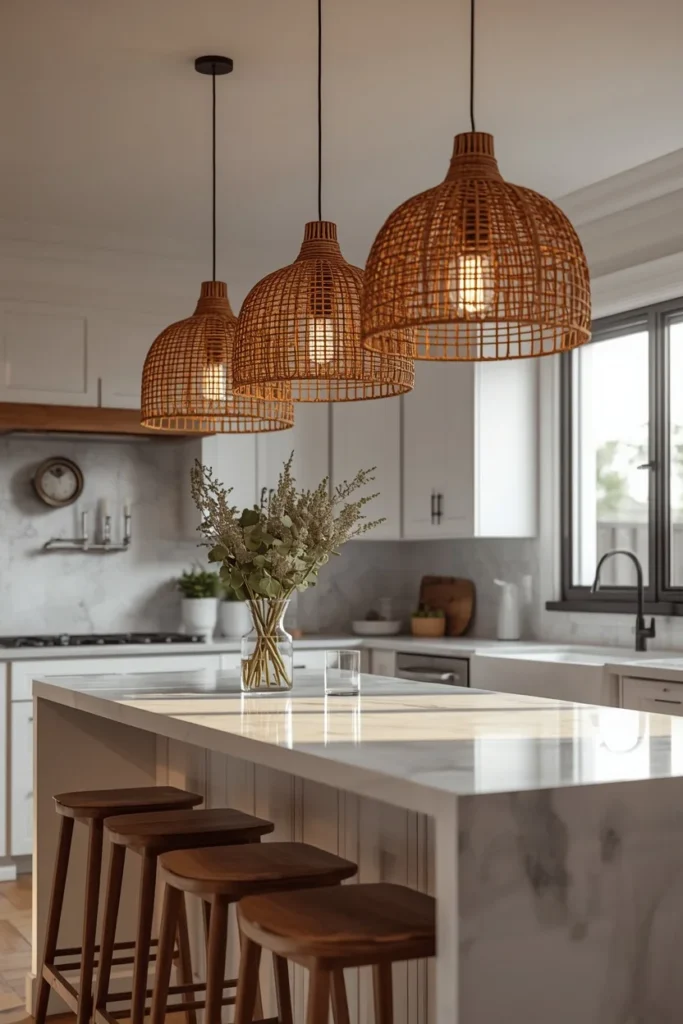 20 White Kitchen Ideas That Are Bright, Fresh & Absolutely Dreamy 10 kitchen island shot, featuring three woven rattan pendant lights