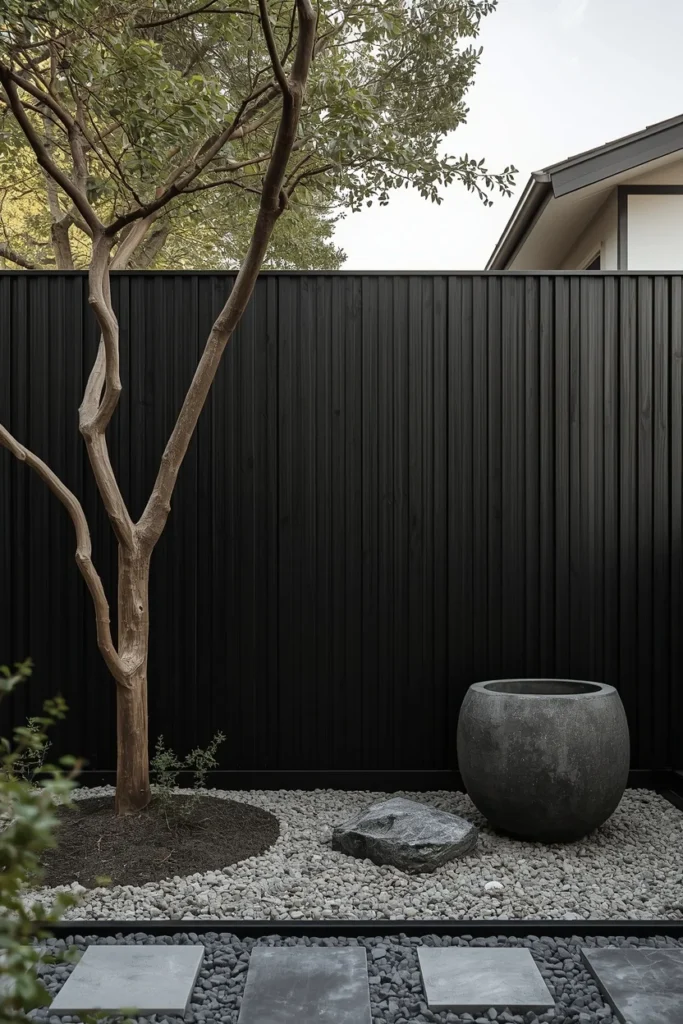 Japandi-style backyard exterior, featuring a charred Shou Sugi Ban wood privacy fence