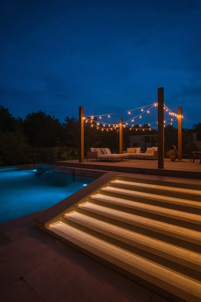 Above ground pool deck at dusk