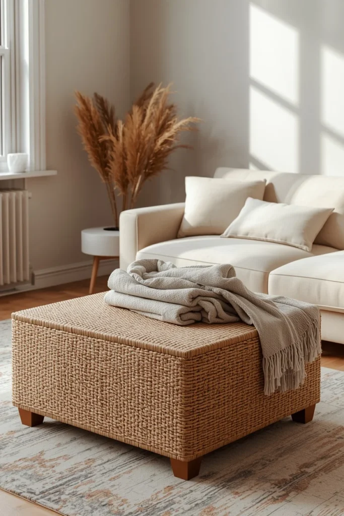 25 Apartment Living Room Ideas That Are Stylish, Smart and Totally Renter-Safe 12 apartment living room, featuring a woven storage ottoman