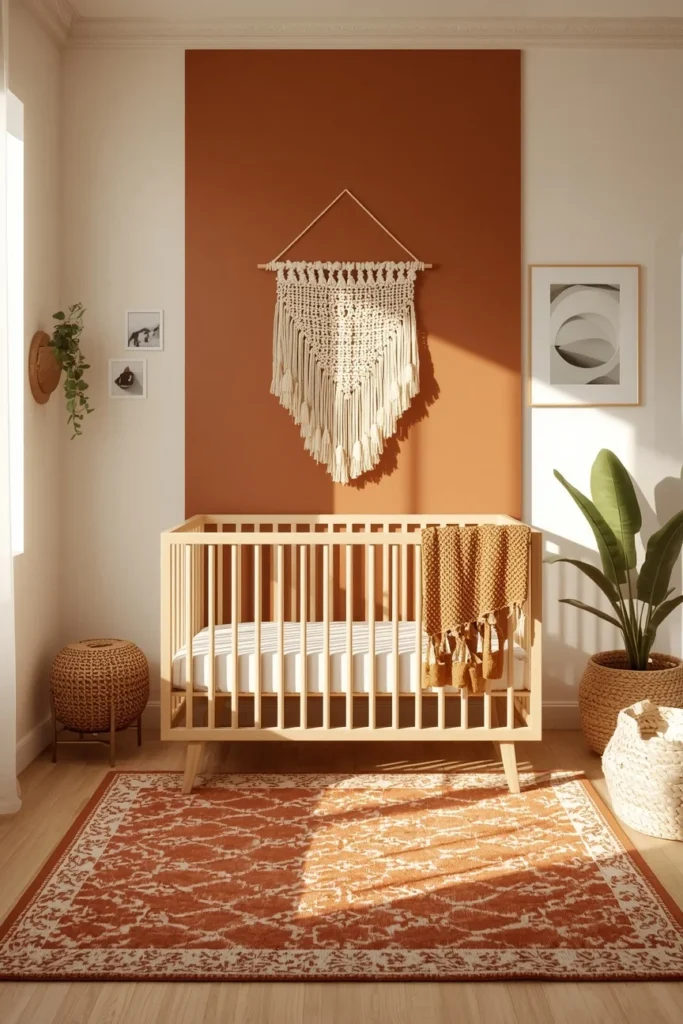18 Baby Boy Nursery Themes That Are Cute, Creative & Absolutely Charming 12 baby nursery, featuring a warm terracotta accent wall