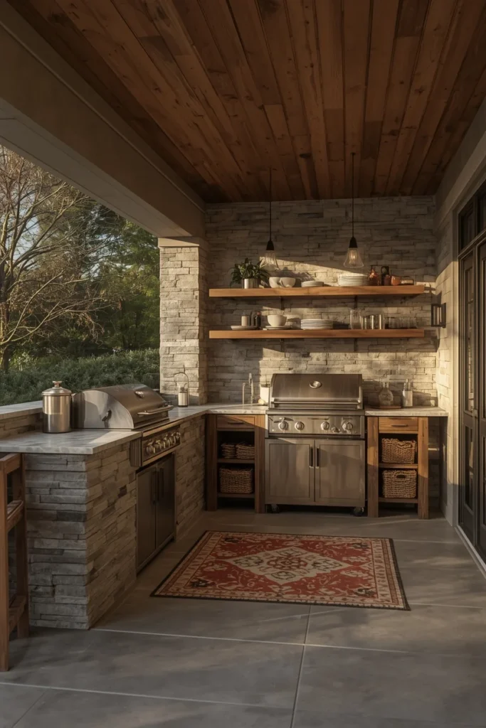 20 Back Deck Ideas That Make Your Outdoor Space Impossibly Inviting 12 outdoor kitchen deck, featuring a stone-faced built-in grill station