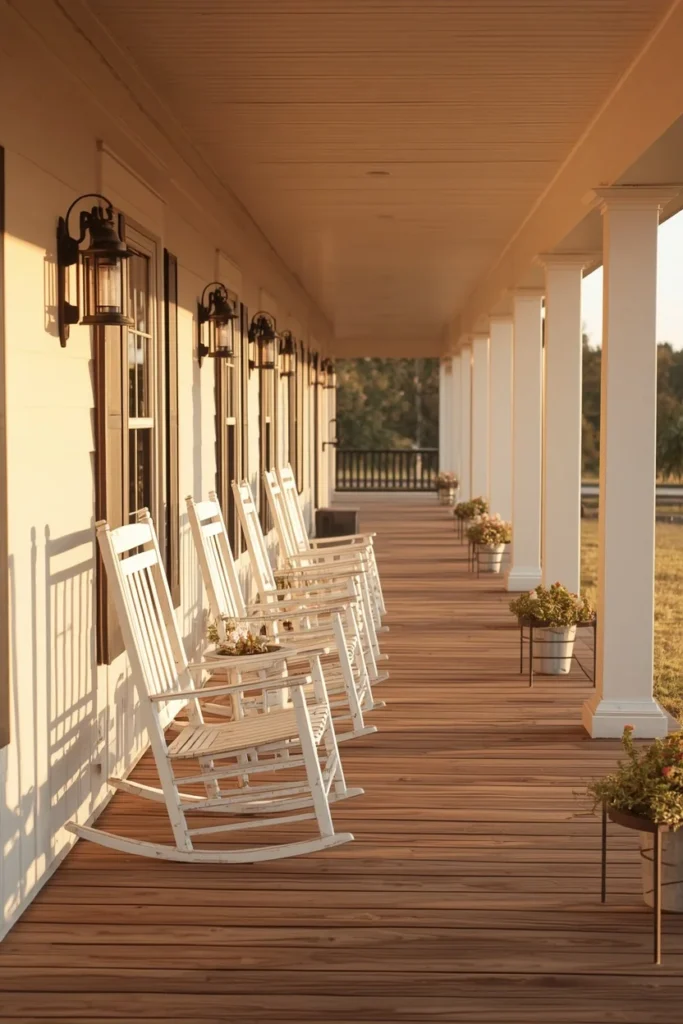 18 Back Porch Ideas That Make Outdoor Living Feel Like Pure Heaven 12 Farmhouse back porch with row of matching white rocking chairs,
