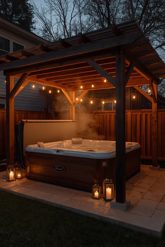 backyard, featuring a hot tub sheltered 