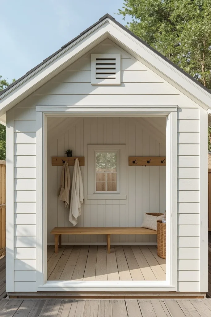 converted shed pool house, featuring white painted wood siding