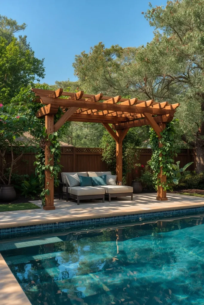  backyard pool deck, featuring a wooden pergola with climbing vines