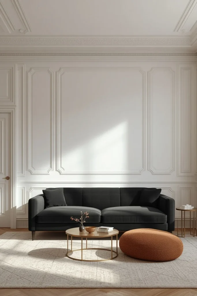 living room, featuring a black sofa in a room with detailed white crown molding,