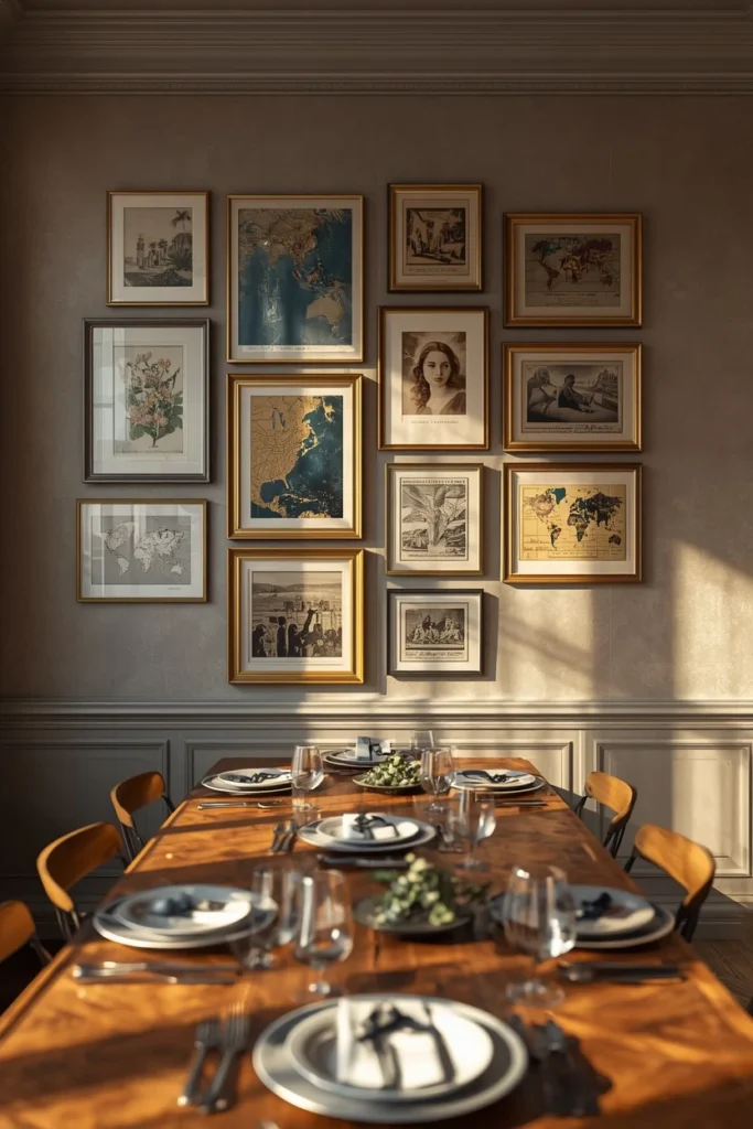 16 Boho Dining Room Ideas That Are Colorful, Layered & Totally Stunning 12 dining room, featuring a gallery wall of mixed vintage prints