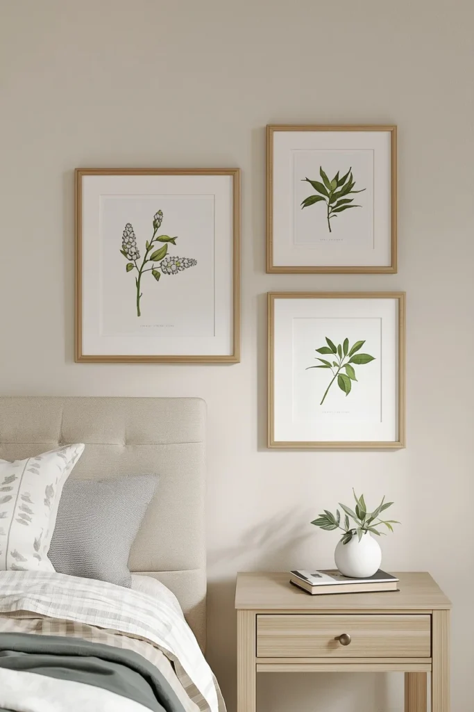 bedroom wall detail shot, featuring three framed vintage botanical prints 