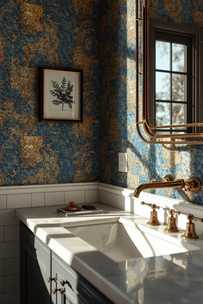bathroom, featuring mosaic-print wallpaper in rich blue and gold tones,