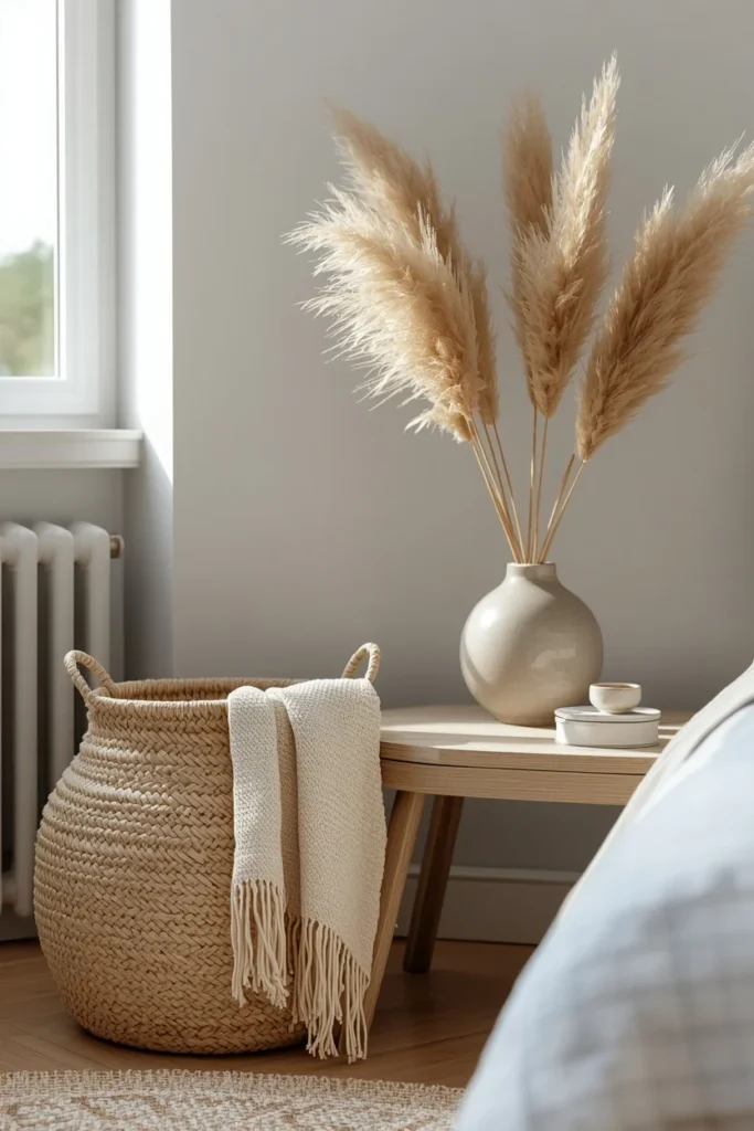 16 Classy Bedroom Ideas That Ooze Quiet Luxury Without the Price Tag 12 bedroom corner, featuring a woven seagrass basket holding a folded knit