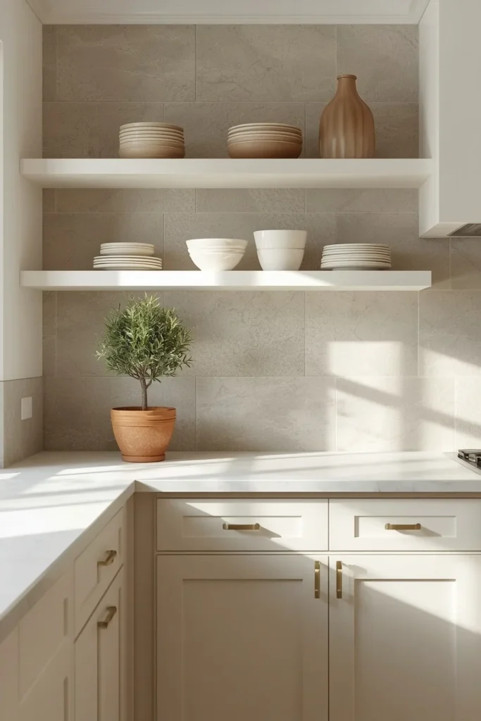 Natural Limestone Tile in Pale Grey-Beige country kitchen backsplash