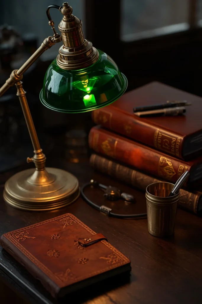 study desk, featuring a vintage brass banker's lamp