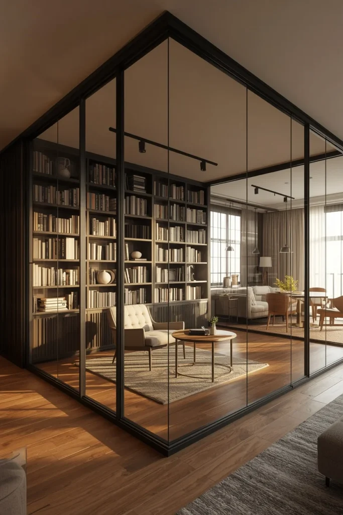 24 Dream Home Library Ideas That Are So Beautiful They'll Take Your Breath Away 12 home library separated from an open living space