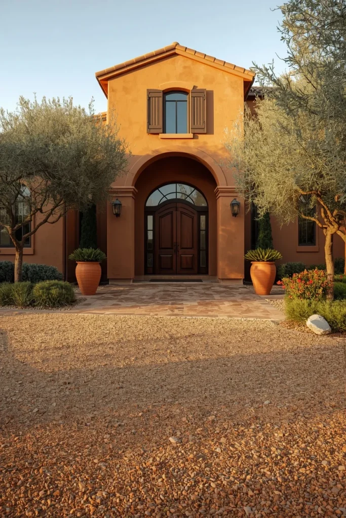 Mediterranean stucco home exterior, featuring a warm crushed granite driveway