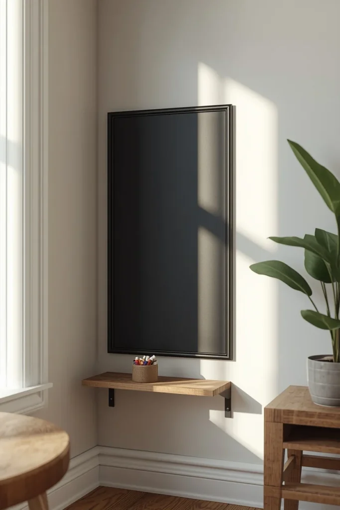 family room, featuring a framed chalkboard panel 