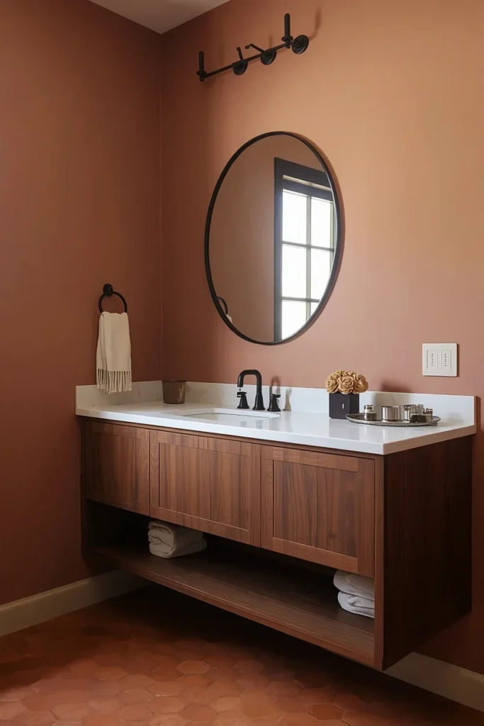 20 Farmhouse Bathroom Ideas That Are Rustic, Cozy & Utterly Gorgeous 12 Farmhouse bathroom with dusty clay-blush terracotta-toned walls