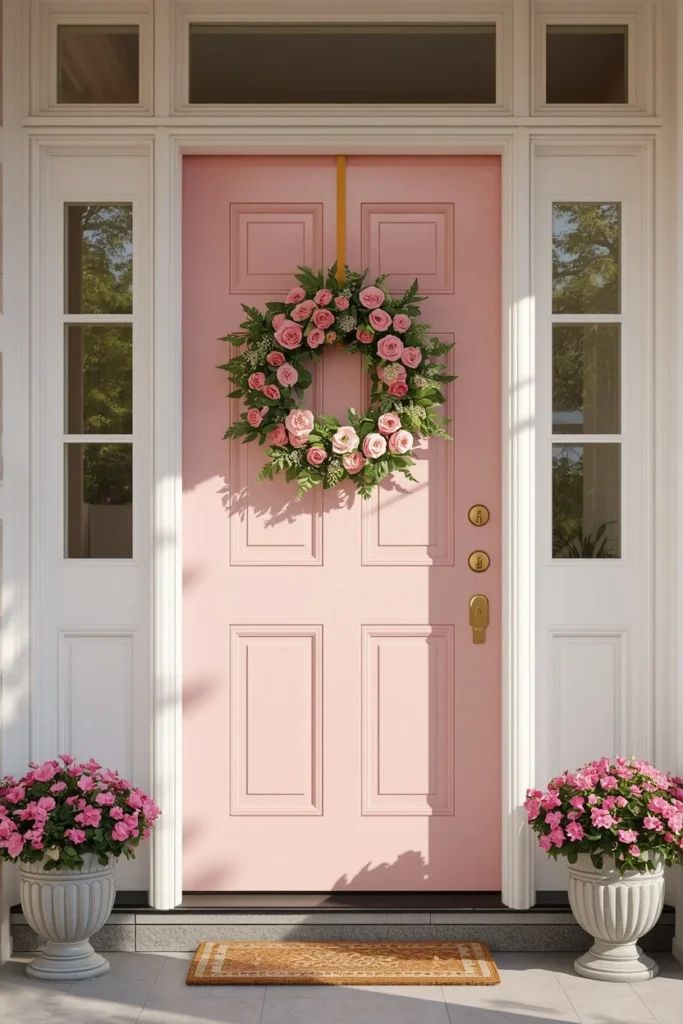 22 Front Porch Flower Ideas That Make Your Home's Entrance Bloom Beautifully 12 front door with a soft pink and green floral wreath,