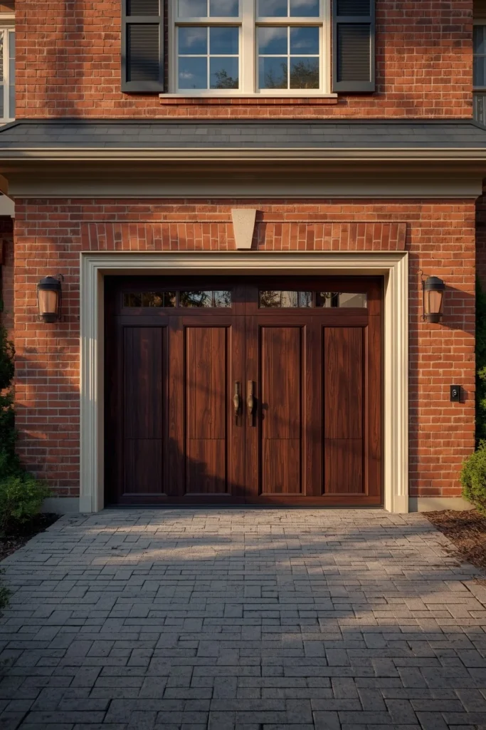 brick colonial home exterior, featuring an espresso woodgrain steel garage door 