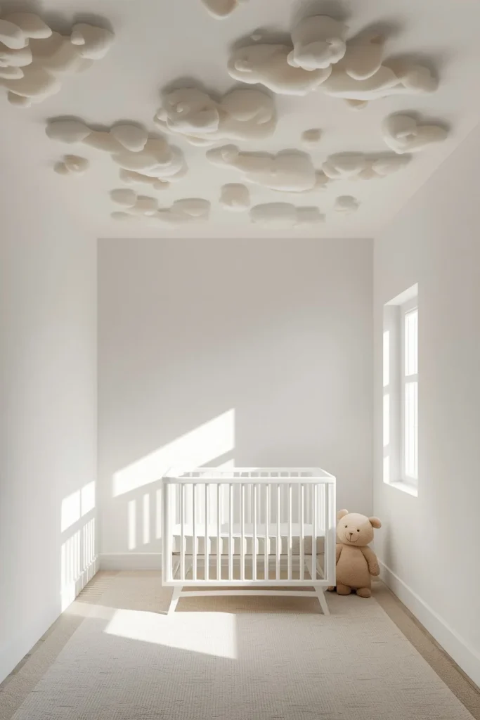 19 Gender Neutral Nursery Ideas That Are Modern, Stylish & Perfectly Timeless 12 nursery, featuring a soft cloud-patterned ceiling