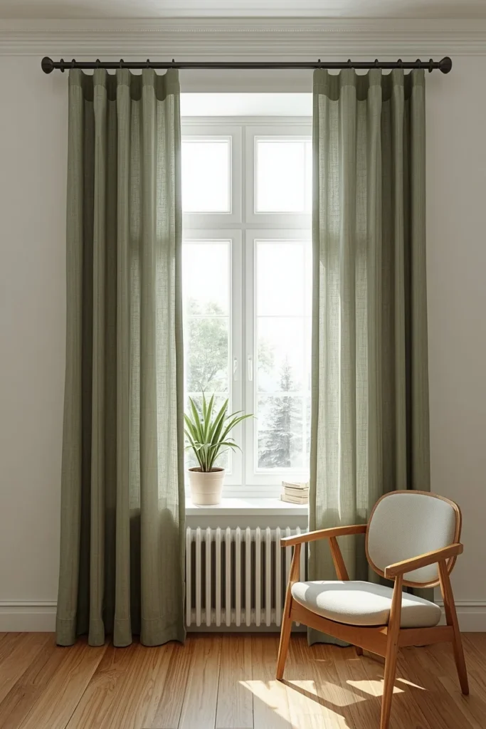 16 Green Living Room Ideas That Bring Life, Calm & Color to Any Space 12 living room window nook, featuring floor-length sage green linen curtains