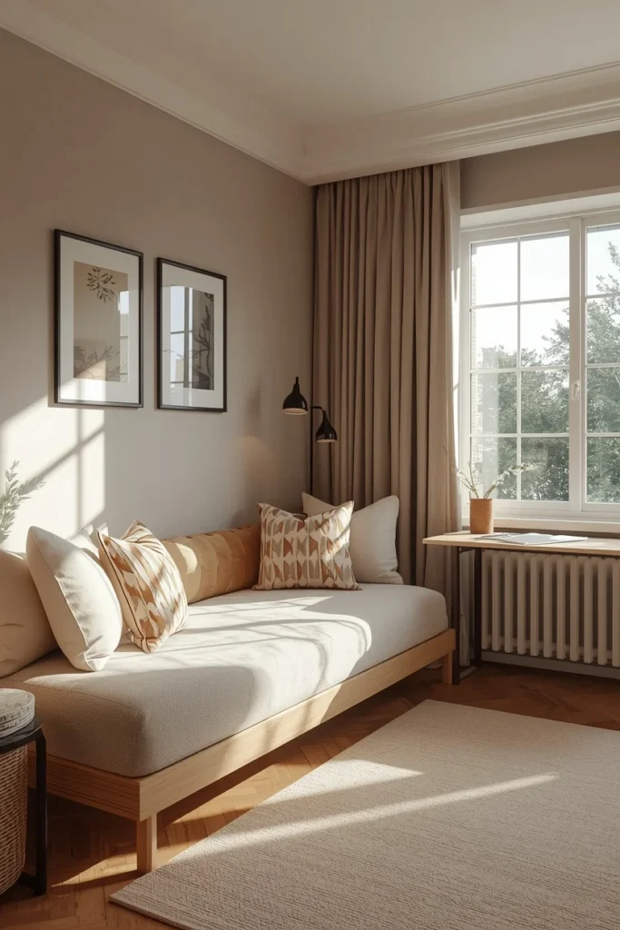 guest bedroom, featuring a stylish daybed with bolster pillows 
