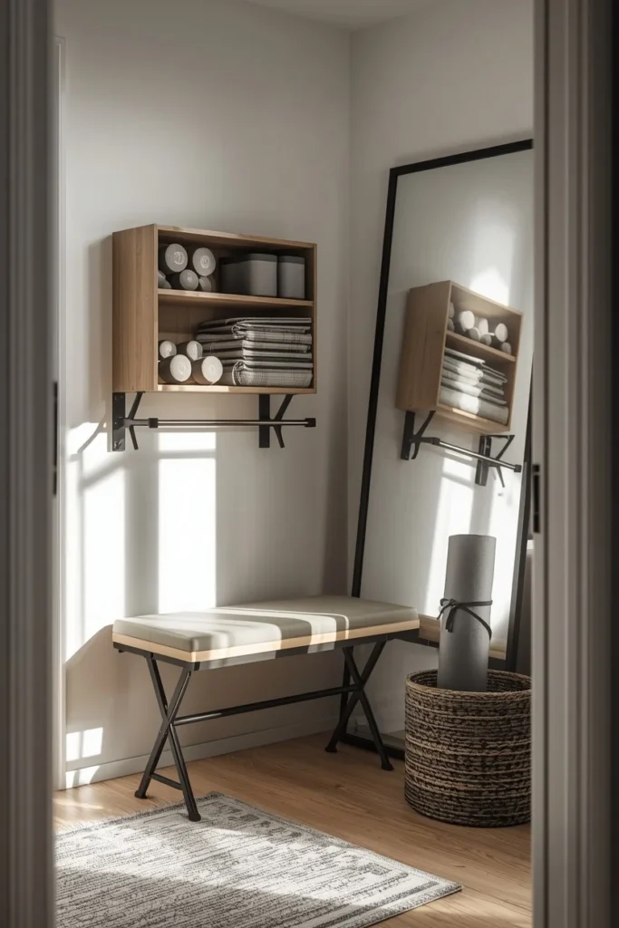 mall apartment home gym, featuring a wall-mounted fold-down bench