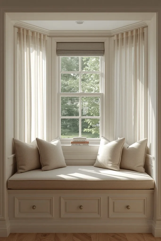 16 Home Library Aesthetic Ideas That Turn Any Corner Into a Reader's Paradise 12 bay window reading nook, featuring a built-in bench