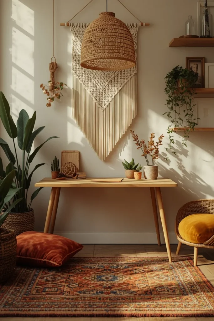 bohemian home office, featuring a rattan desk