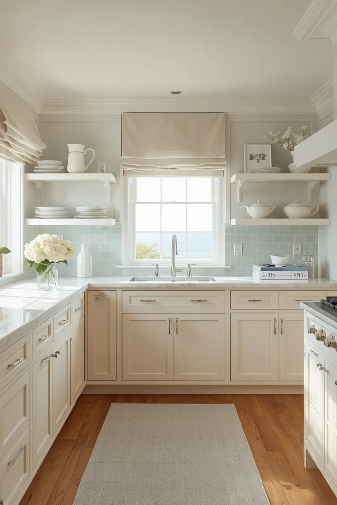 coastal grandmother kitchen aesthetic, warm cream painted shaker cabinetry 