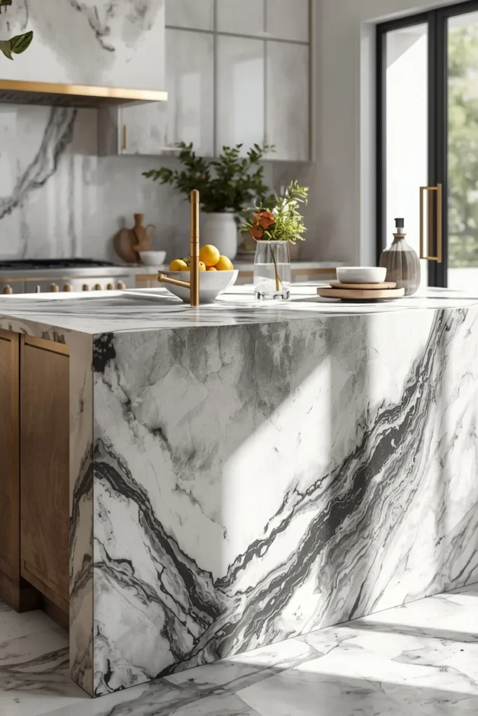 25 Kitchen Island Ideas That Steal the Show in Every Home 12 Marble Waterfall Island