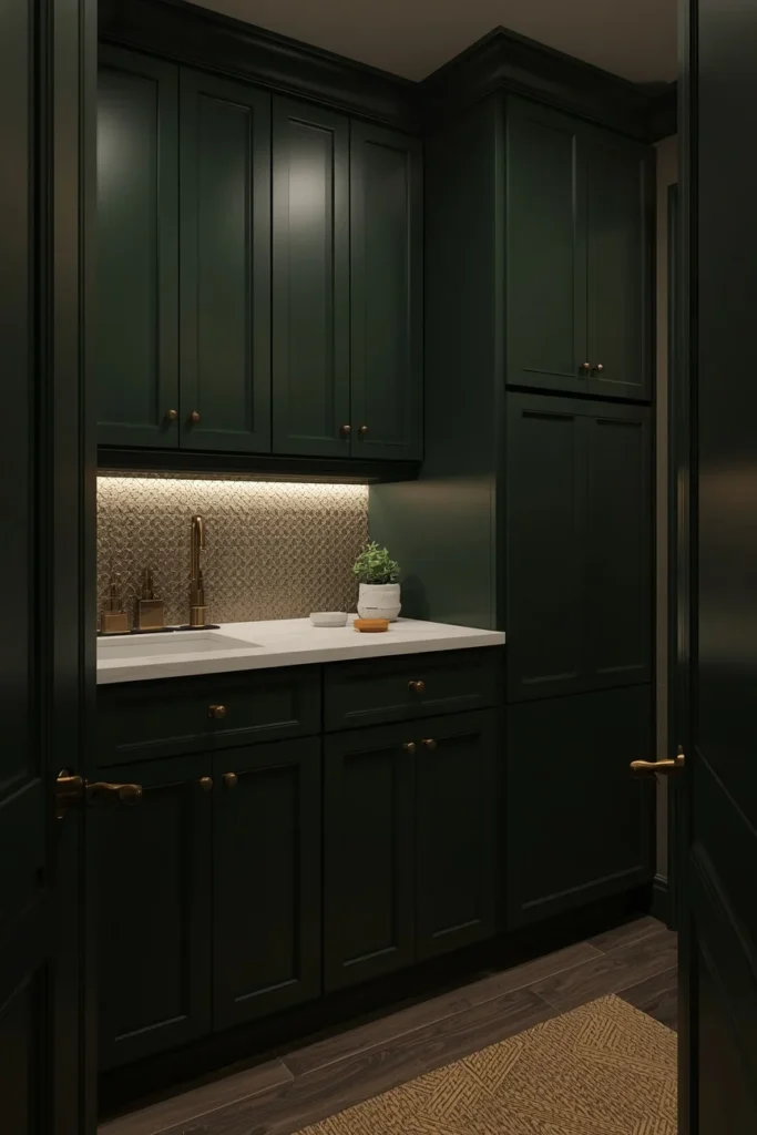 23 Laundry Room Design Ideas That Turn a Chore Space Into a Design Feature 12 dark moody laundry room, featuring deep forest green shaker cabinetry