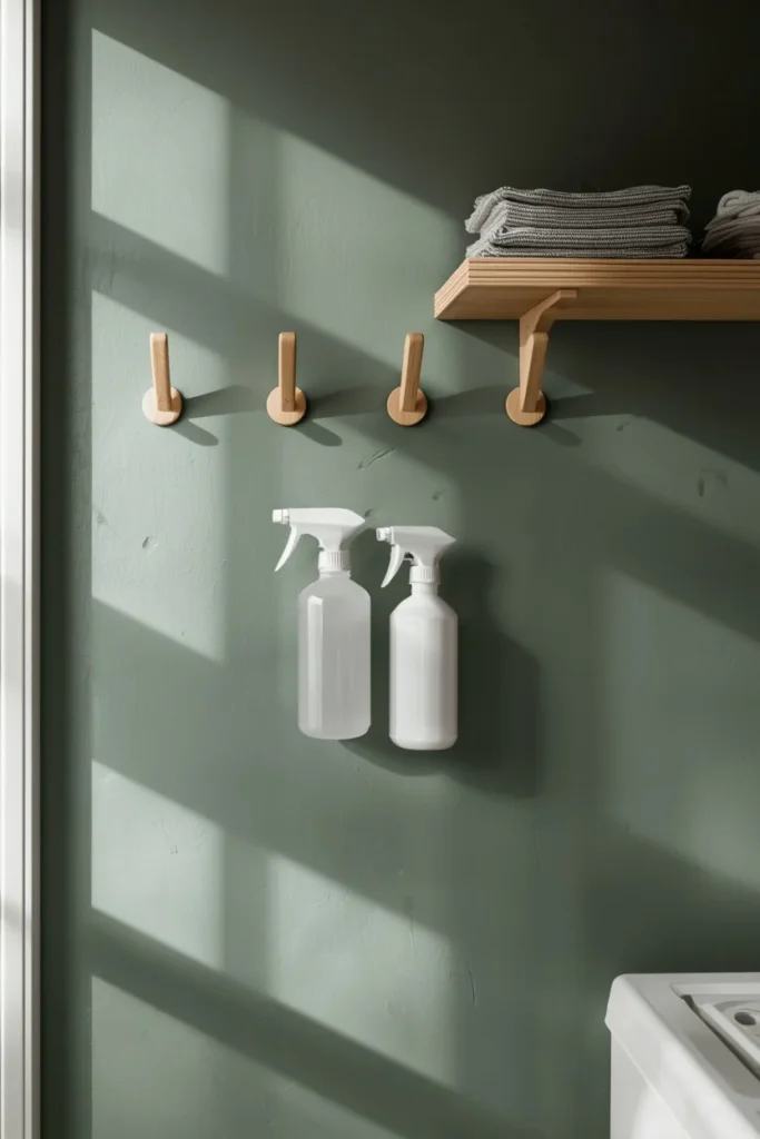 24 Laundry Room Ideas That Make the Most Dreaded Chore Actually Enjoyable 12 laundry room pegboard wall, featuring painted sage pegboard