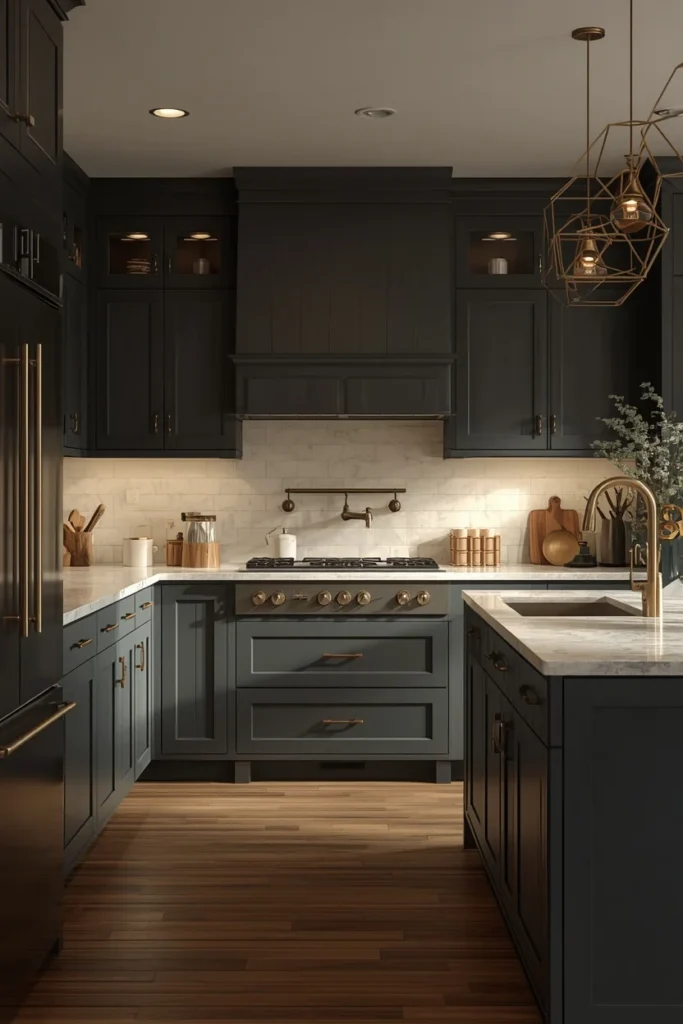 22 Mid Century Modern Kitchen Designs That Are Timeless & Stunning 11 modern kitchen, featuring charcoal gray flat-panel cabinetry