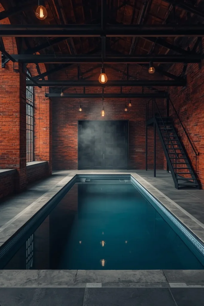 industrial style indoor pool room, exposed red brick walls 
