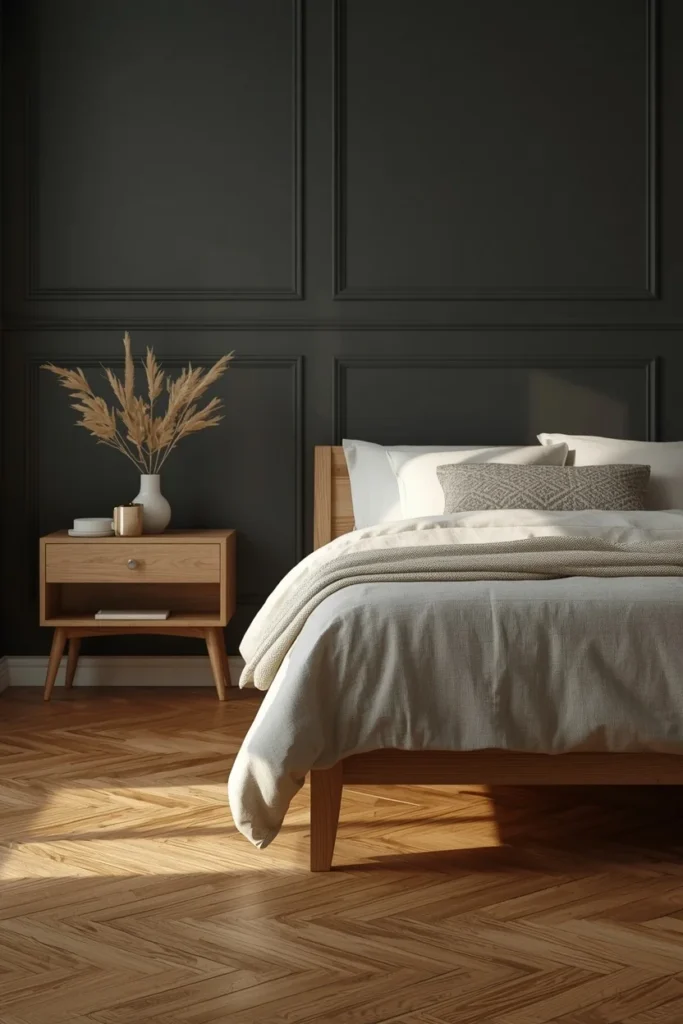 17 Moody Black Bedroom Ideas That Are Hauntingly Beautiful & Chic 12 bedroom, featuring charcoal paneled walls