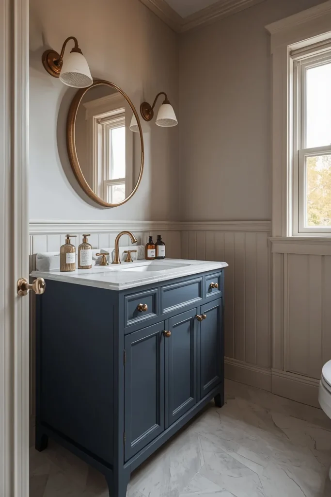 16 Moody Blue Bathroom Ideas That Feel Luxurious & Deeply Relaxing 12 bathroom, featuring a deep navy blue painted vanity against soft greige walls