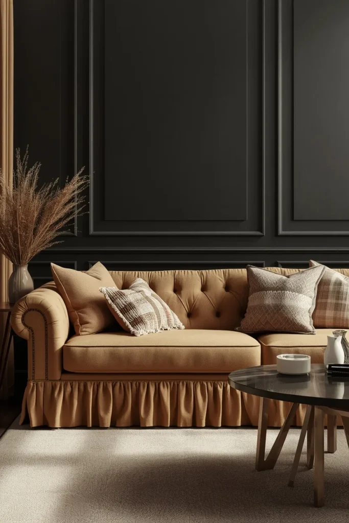 22 Moody Living Room Ideas That Are Rich, Dark & Incredibly Inviting 12 living room, featuring a tufted skirted sofa in warm oatmeal fabric