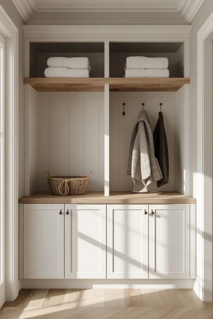 16 Mudroom Design Ideas That Make the Messiest Space in Your Home Look Amazing 11 mudroom storage wall combining open wood shelving