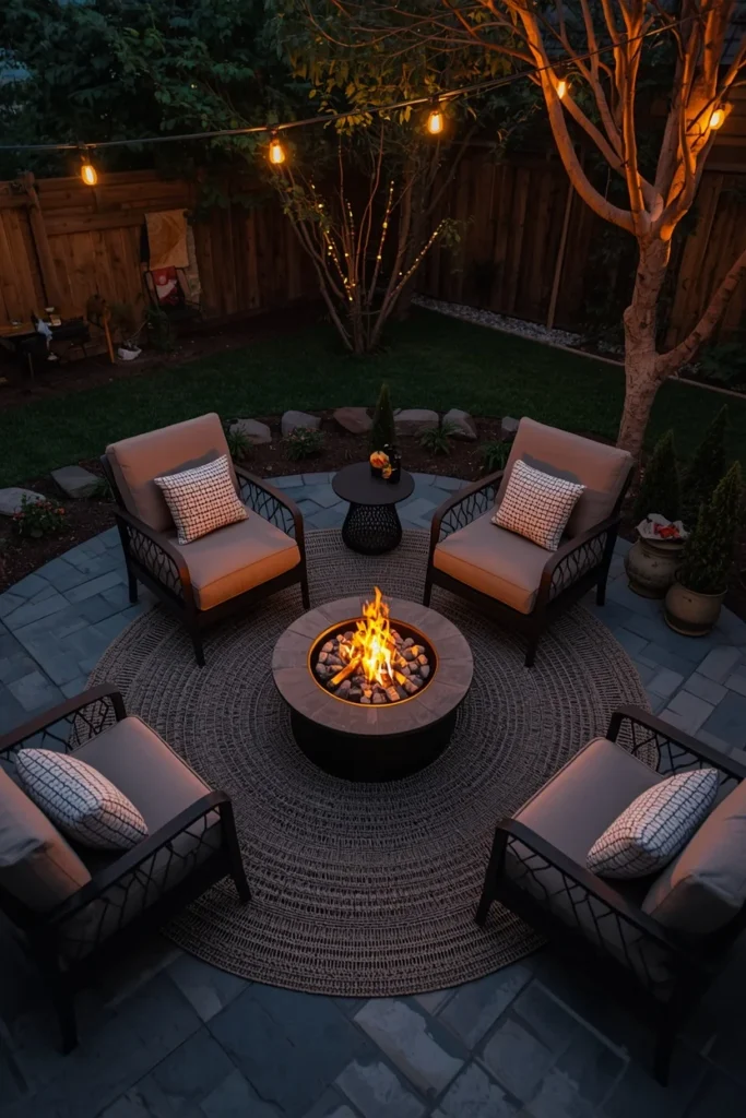 24 Outdoor Patio Furniture Ideas That Are Stylish, Comfy & Weather-Ready 12 backyard patio, featuring four cushioned outdoor lounge chairs