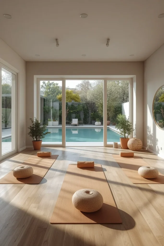 21 Pool House Ideas That Make Your Backyard Feel Like a Luxury Resort 12 pool house gym, featuring yoga mats, large open windows